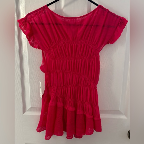 NWT Anthropologie Pink Sheer Smocked/Ruffled Asymmetrical Sweater Tank, Size XS - Picture 4 of 8